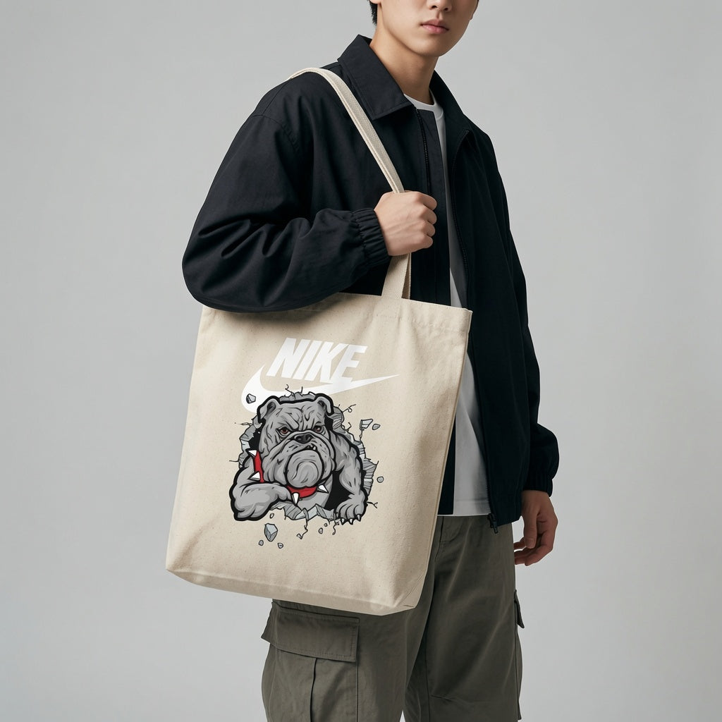 Angry Bulldog Mascot Graphic Canvas Tote Bag | Edgy Streetwear Cotton Carryall