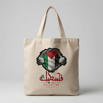 Palestine Flag Superhero Reveal Canvas Tote Bag – Arabic Calligraphy & Free Palestine Tote