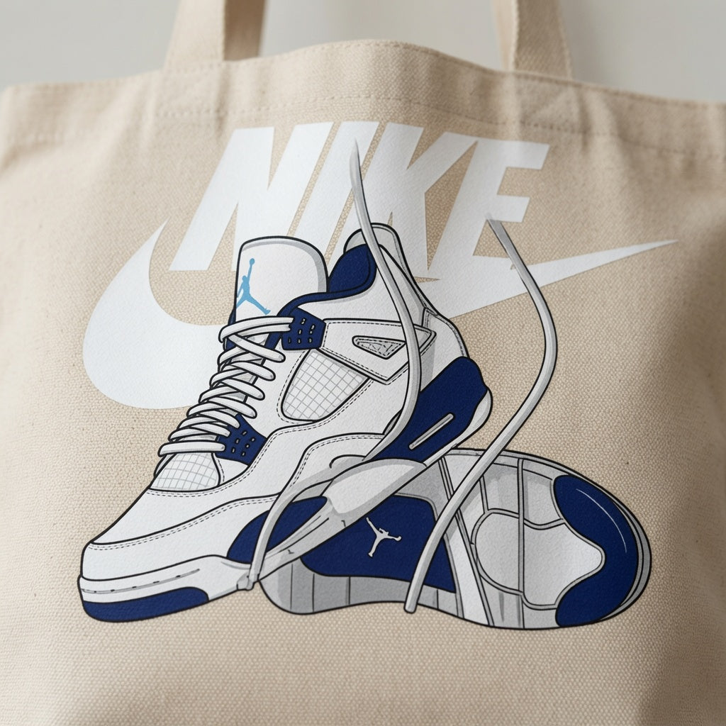 Retro Air Jordan 4 Blue & White Sneaker Nike Swoosh Cotton Canvas Tote Bag