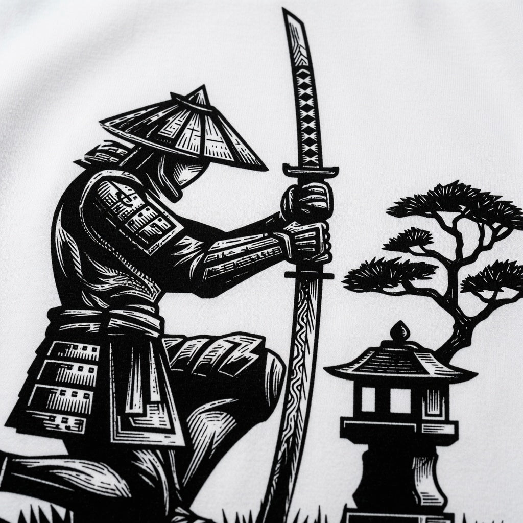 Samurai Kneeling T-Shirt Japanese Lantern Graphic Tee White