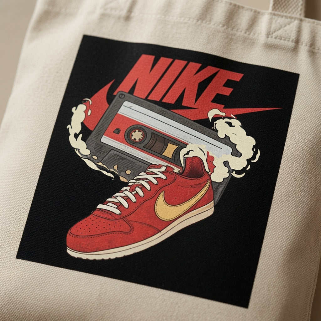 Retro Cassette Tape & Red Sneaker Graphic Canvas Tote Bag - Vintage Streetwear Shoulder Bag