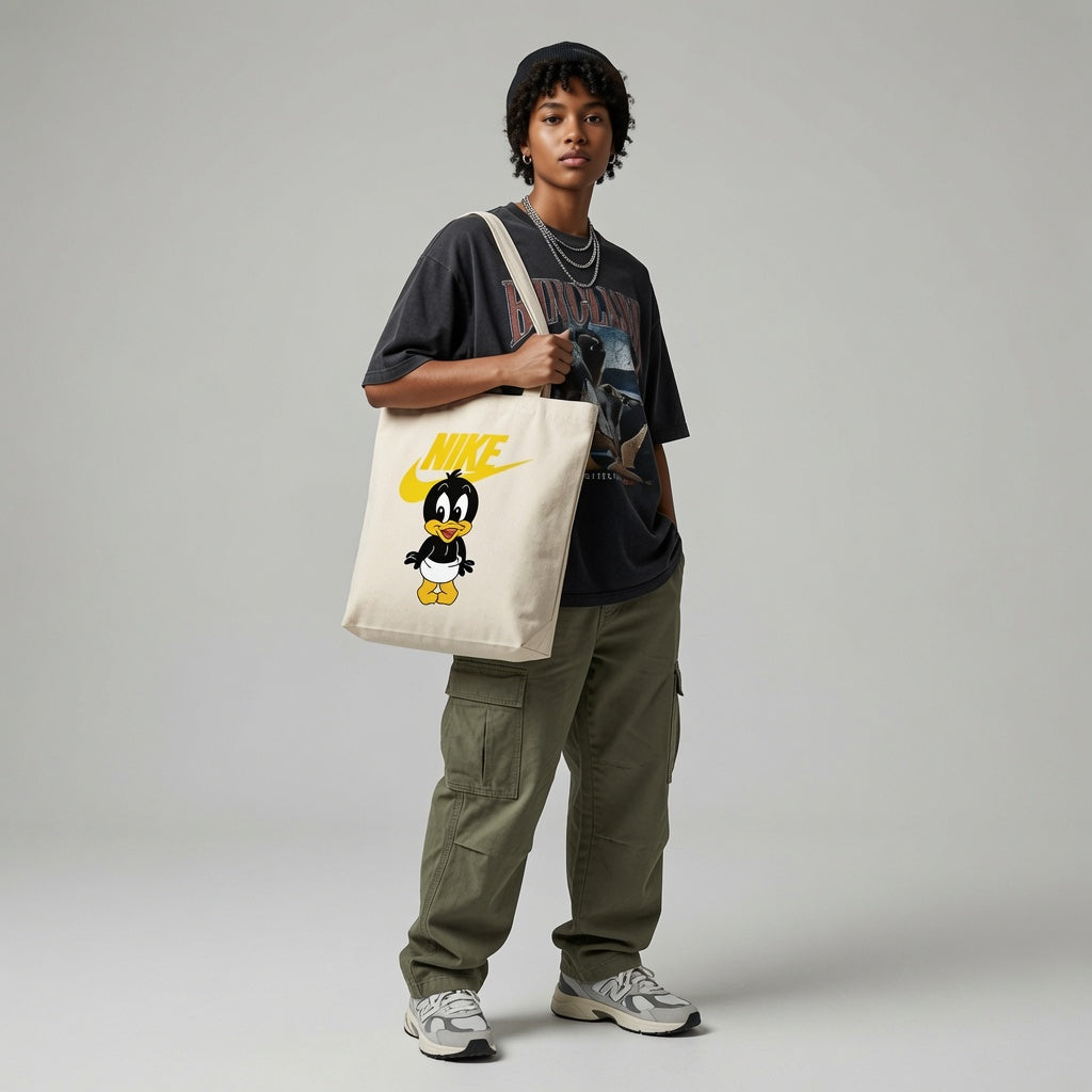 Cute Baby Duck Cartoon Graphic Canvas Tote Bag | Yellow & Black Graphic Cotton Tote