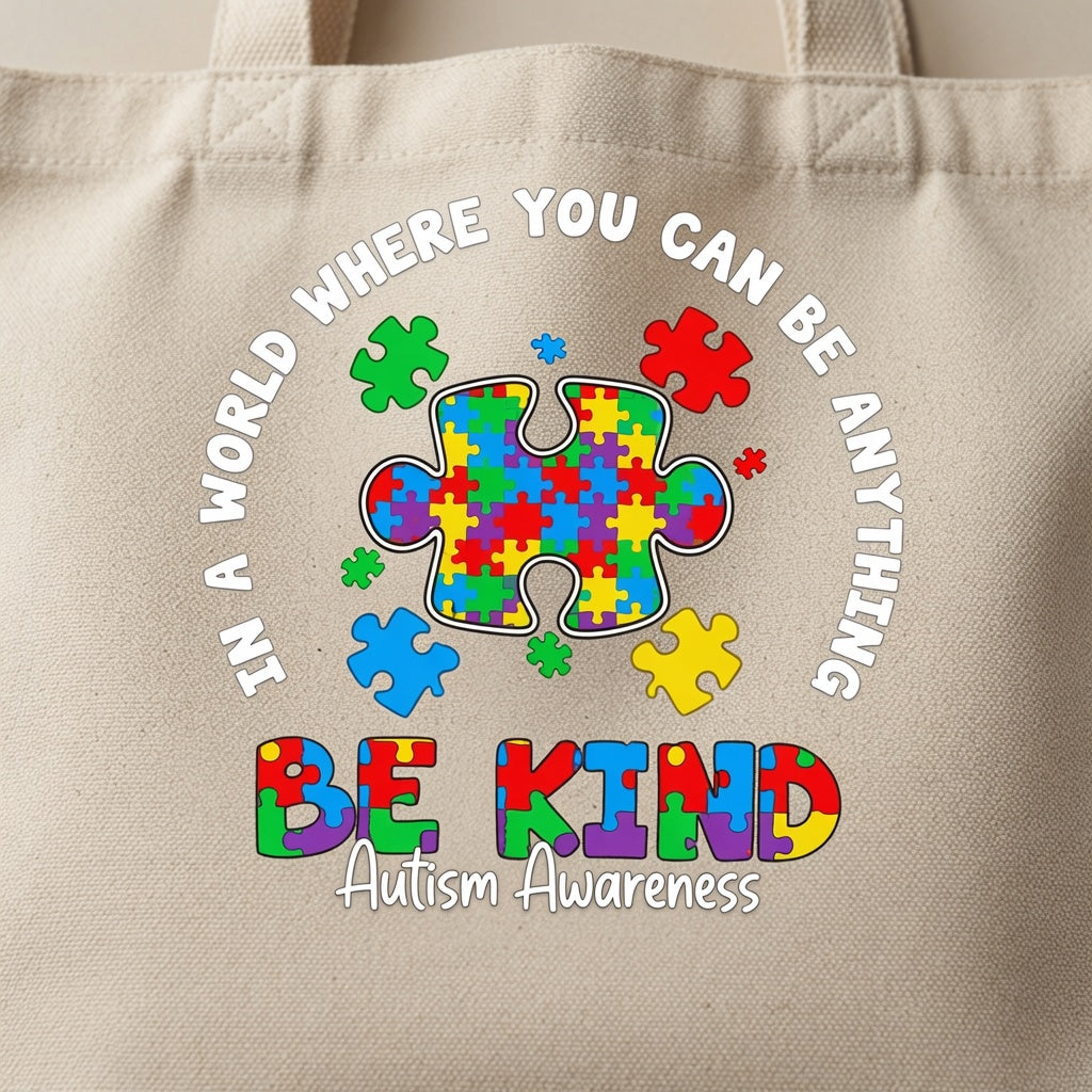 In A World Where You Can Be Anything Be Kind Autism Awareness Canvas Tote Bag – Inspirational Acceptance Gift