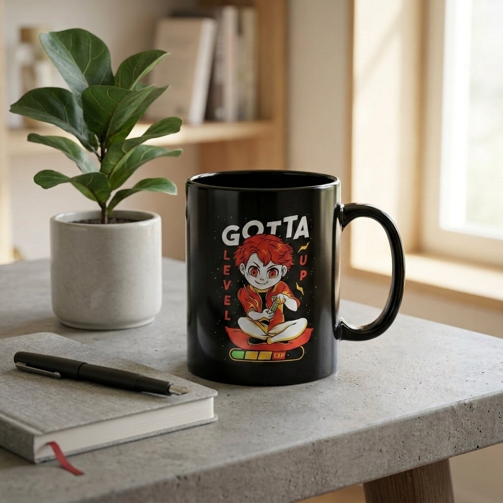 Gotta Level Up Anime Gamer Character Black Ceramic Coffee Mug 11oz Premium Gaming Cup Gift for Gamers
