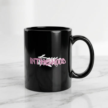 In The Hood Pink Graffiti Tag Glossy Black Ceramic Coffee Mug - Urban Streetwear Graphic Printed Tea Cup (11oz)
