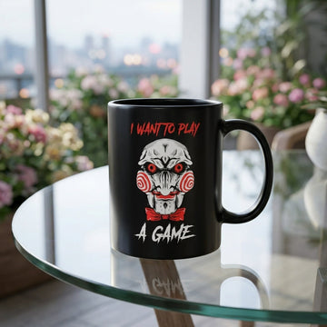 Billy The Puppet Saw Jigsaw "I Want To Play A Game" Black Ceramic Mug - Scary Halloween Horror Coffee Cup (11oz)