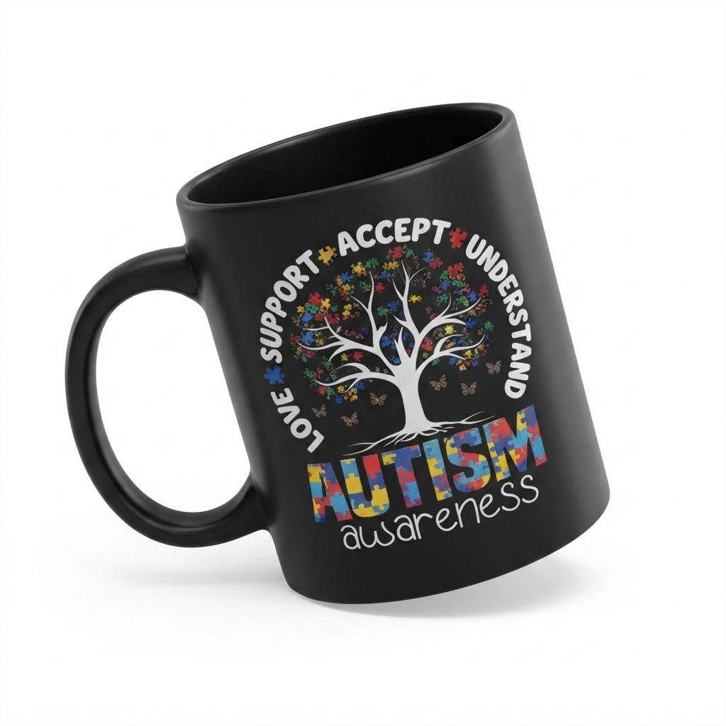 Autism Awareness Tree Graphic Ceramic Cup – Love Support Accept Understand Black Drinkware