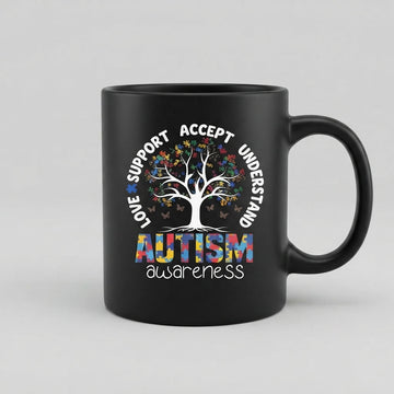 Autism Awareness Tree Graphic Ceramic Cup – Love Support Accept Understand Black Drinkware