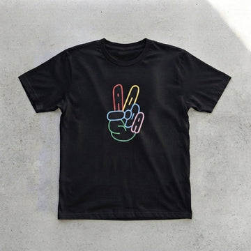 Colorful Neon Peace Sign Hand Graphic T-Shirt - Vibrant ADA Typography Cotton Crew Neck Tee in Black & White