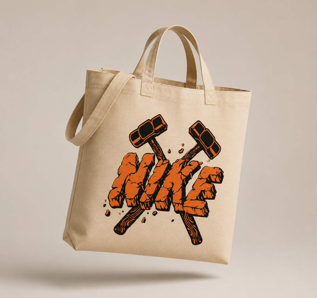 "Stone & Sledge" Stone-Carved Graphic Natural Canvas Tote Bag