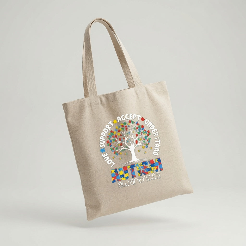 Autism Awareness Tree Canvas Tote Bag – Love Support Accept Understand Tote