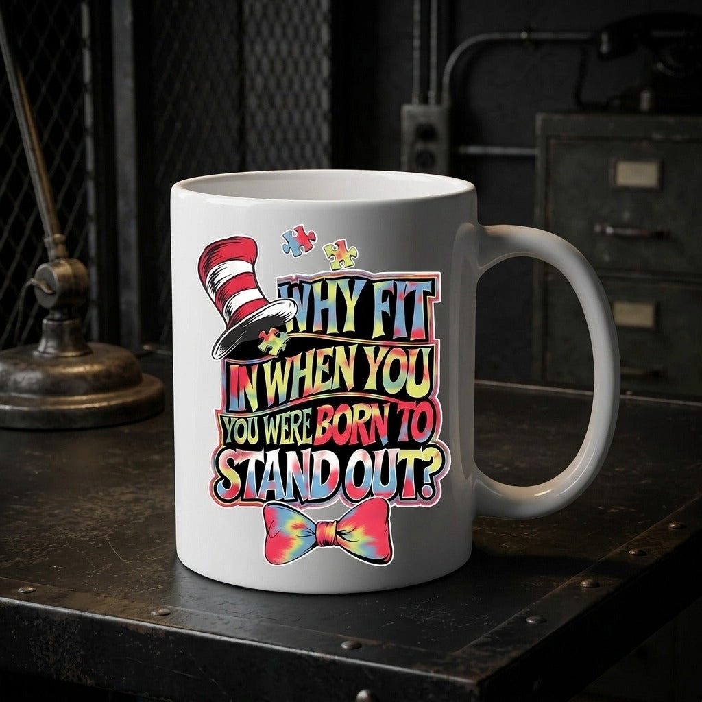 Autism Awareness Mug – "Why Fit In When You Were Born to Stand Out" Funny Coffee Mug, Inspirational Puzzle Piece Gift, 11oz Ceramic Cup