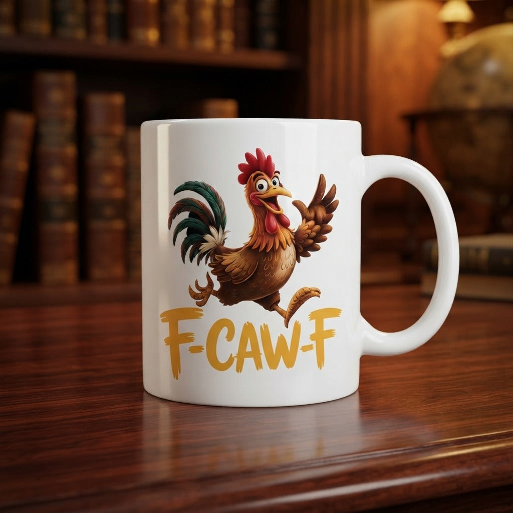 F-CAW-F Cheerful Rooster Mug – Playful Chicken Print Ceramic Coffee Cup, Quirky Kitchen Gift