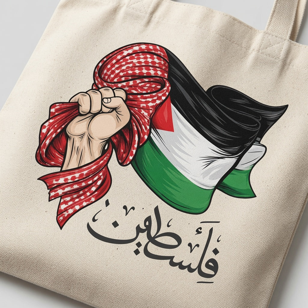 Palestine Resistance Hand Keffiyeh Canvas Tote Bag – Arabic Calligraphy & Flag Tote