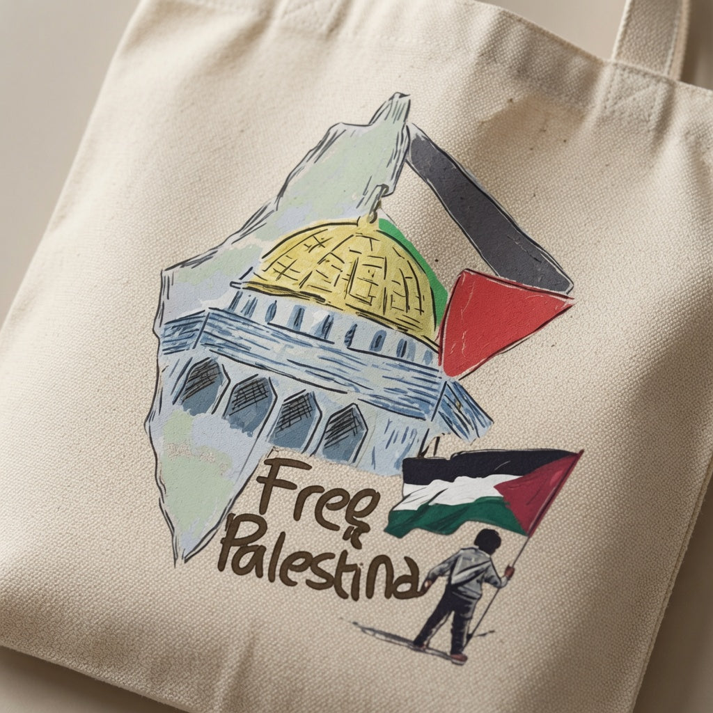 Free Palestina Dome of the Rock Illustration Canvas Tote Bag - Solidarity Handbag