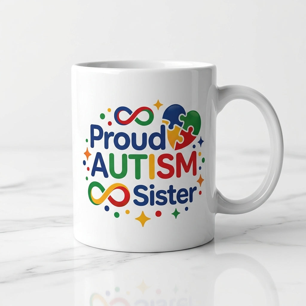 Proud Autism Sister Ceramic Coffee Mug – Colorful Neurodiversity Support Tea Cup & Meaningful Gift for Sister