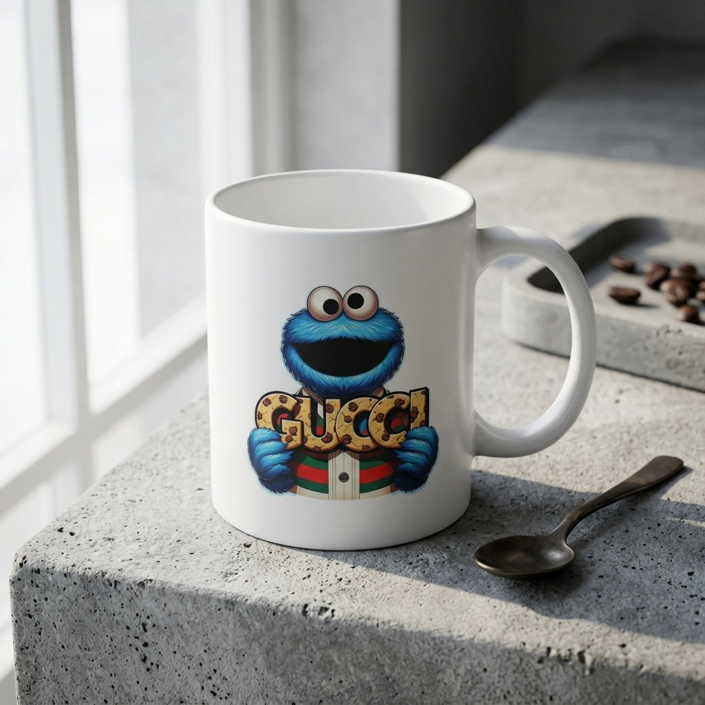 Funny Blue Cookie Monster Streetwear Graphic Ceramic Coffee Mug – Trendy Luxury Style Character Art Tea Cup & Unique Birthday Gift