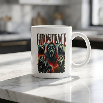 Ghostface Scream Classic Horror Movie Collage White Ceramic Mug - Spooky Vintage Halloween Coffee Cup (11oz)