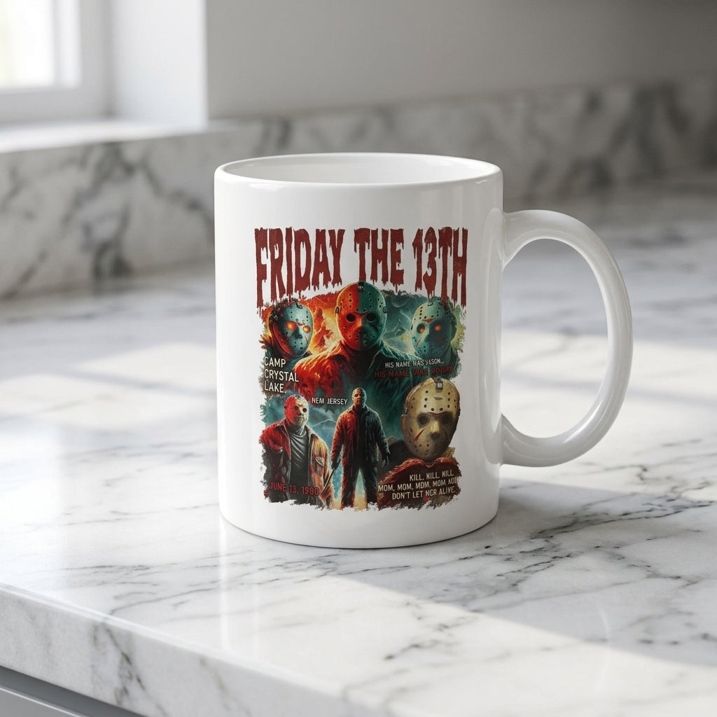 Jason Voorhees Friday The 13th Vintage Horror Movie Collage White Ceramic Mug - Camp Crystal Lake Halloween Coffee Cup (11oz)