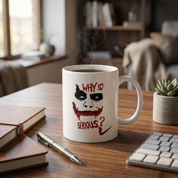 Why So Serious Villain Face Quote Premium White Ceramic Coffee Mug - Dark Aesthetic Graphic Printed Tea Cup for Movie Fans & Comic Lovers