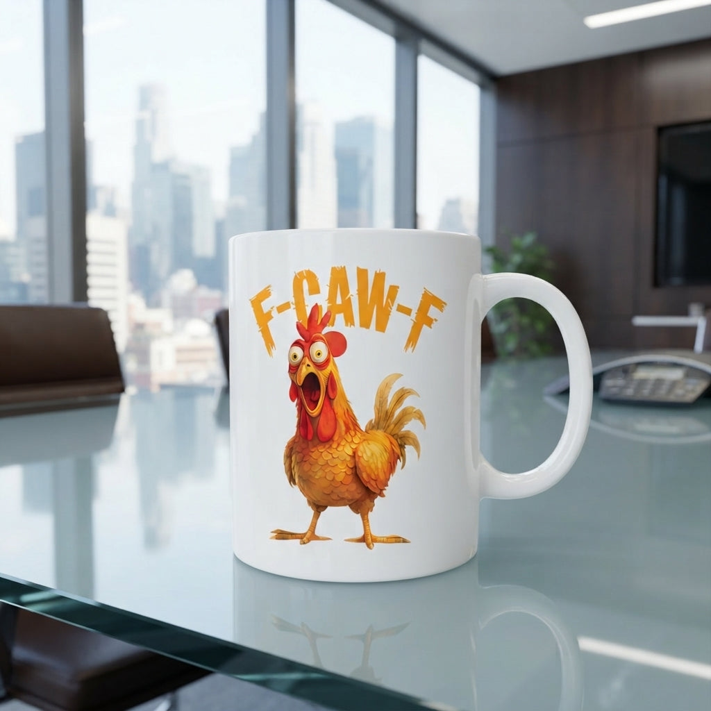 F-CAW-F Startled Rooster Mug – Bold Orange Cartoon Chicken Ceramic Coffee Cup, Fun Office Mug