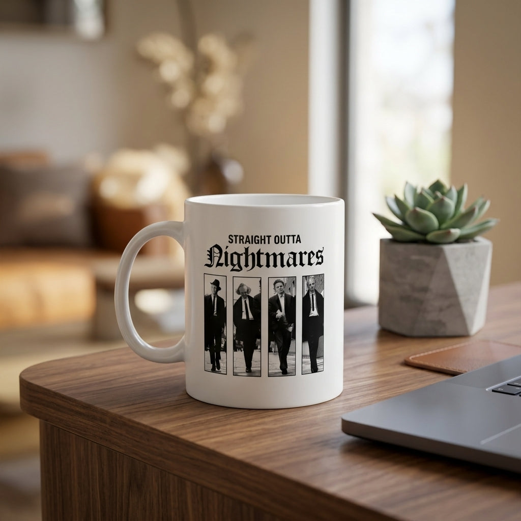 Straight Outta Nightmares Classic Horror Villains Ceramic Coffee Mug - Vintage Black and White Horror Characters Printed Tea Cup for Movie Fans