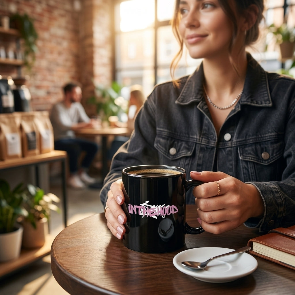 In The Hood Pink Graffiti Tag Glossy Black Ceramic Coffee Mug - Urban Streetwear Graphic Printed Tea Cup (11oz)