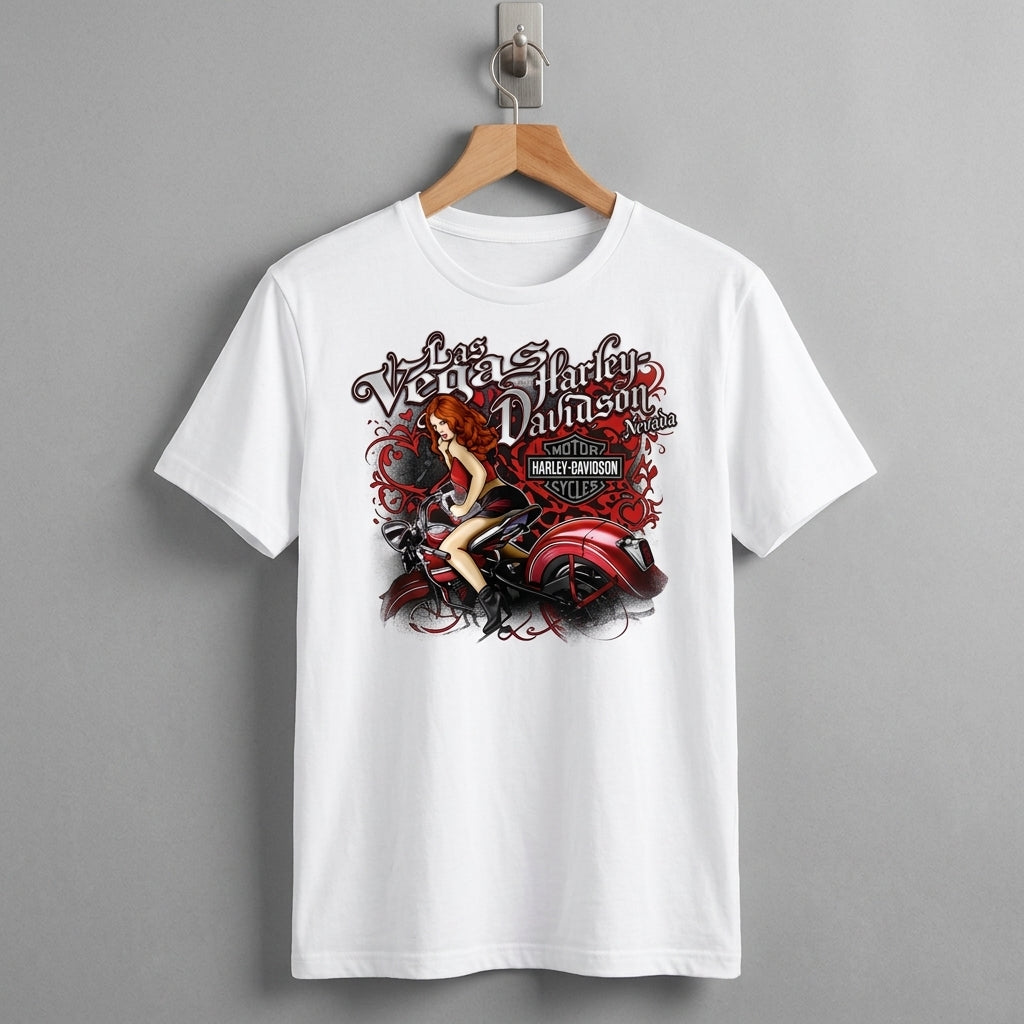 Las Vegas Custom Biker Heart Pinup Graphic T-Shirt