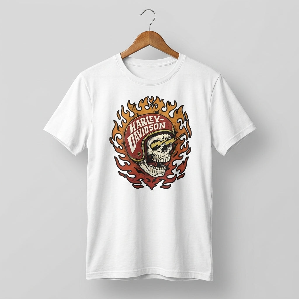 Retro Flaming Skull Lightning Helmet Graphic T-Shirt