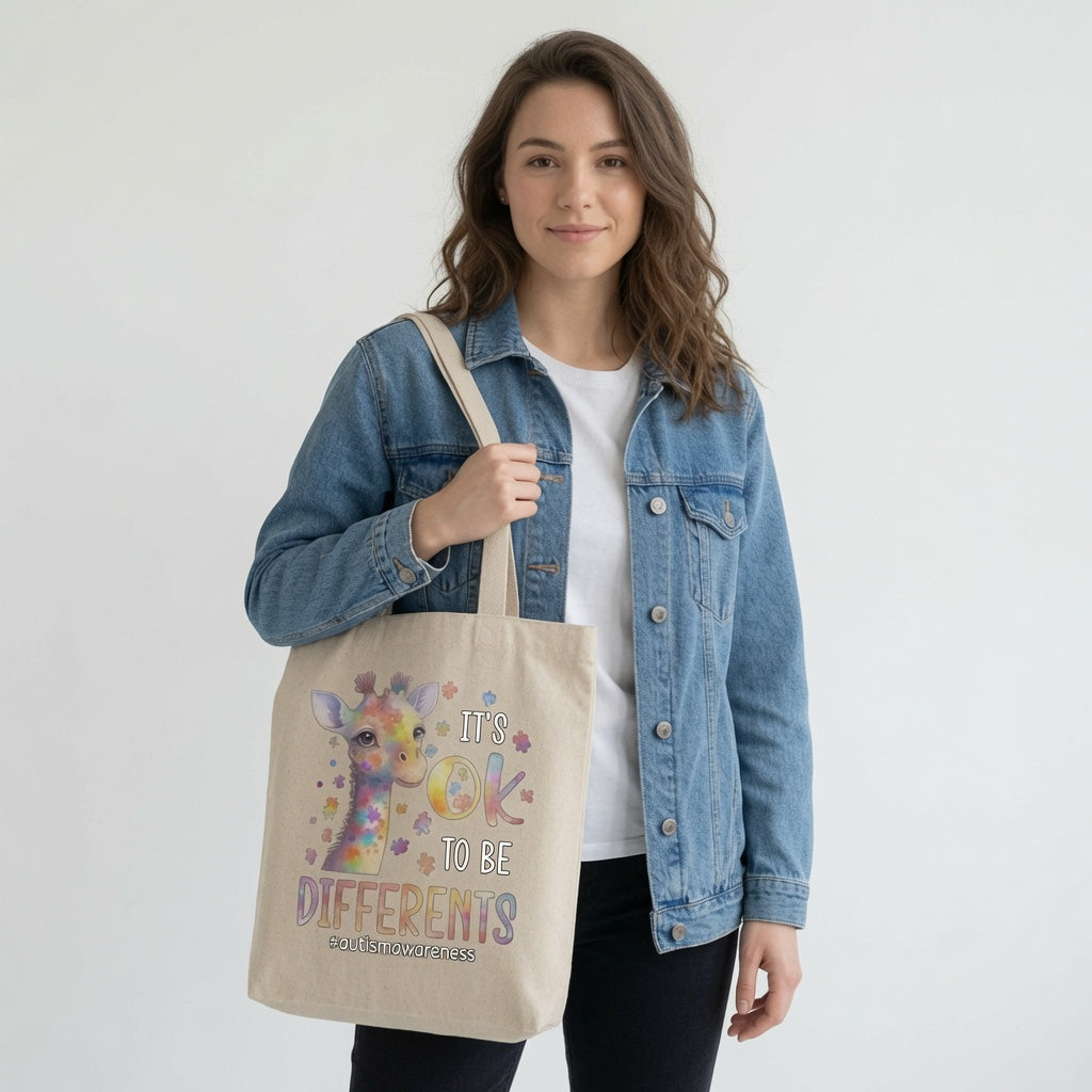 It's OK To Be Different Autism Awareness Giraffe Canvas Tote Bag – Colorful Puzzle Piece Tote