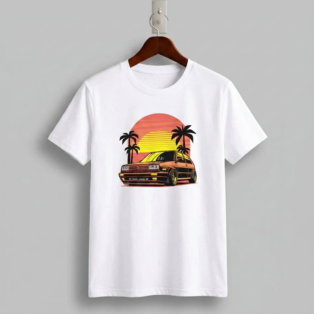 VW Golf Mk2 Retro 80s Sunset Synthwave Graphic T-Shirt