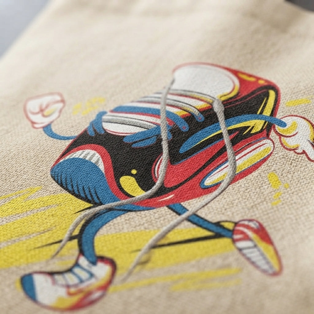 Cartoon Running Sneaker "Kickin' It" Natural Canvas Tote Bag