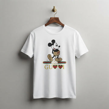 Classic Mickey Mouse in Monogram Shorts Graphic T-Shirt - White & Blue Unisex Premium Cotton Streetwear Tee (XS to 4XL)