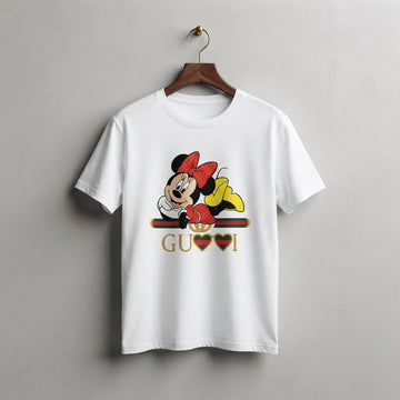 Cute Lying Minnie Mouse in Red Polka Dot Bow Graphic T-Shirt - Unisex Premium Cotton Streetwear Tee (White, Blue | XS to 4XL)
