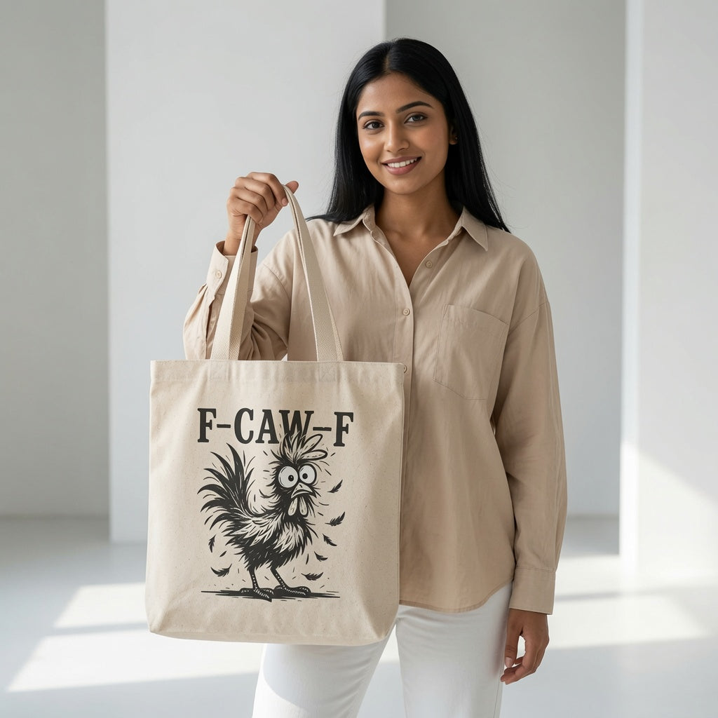 Vintage Black Print Frazzled Rooster "F-CAW-F" Canvas Tote Bag