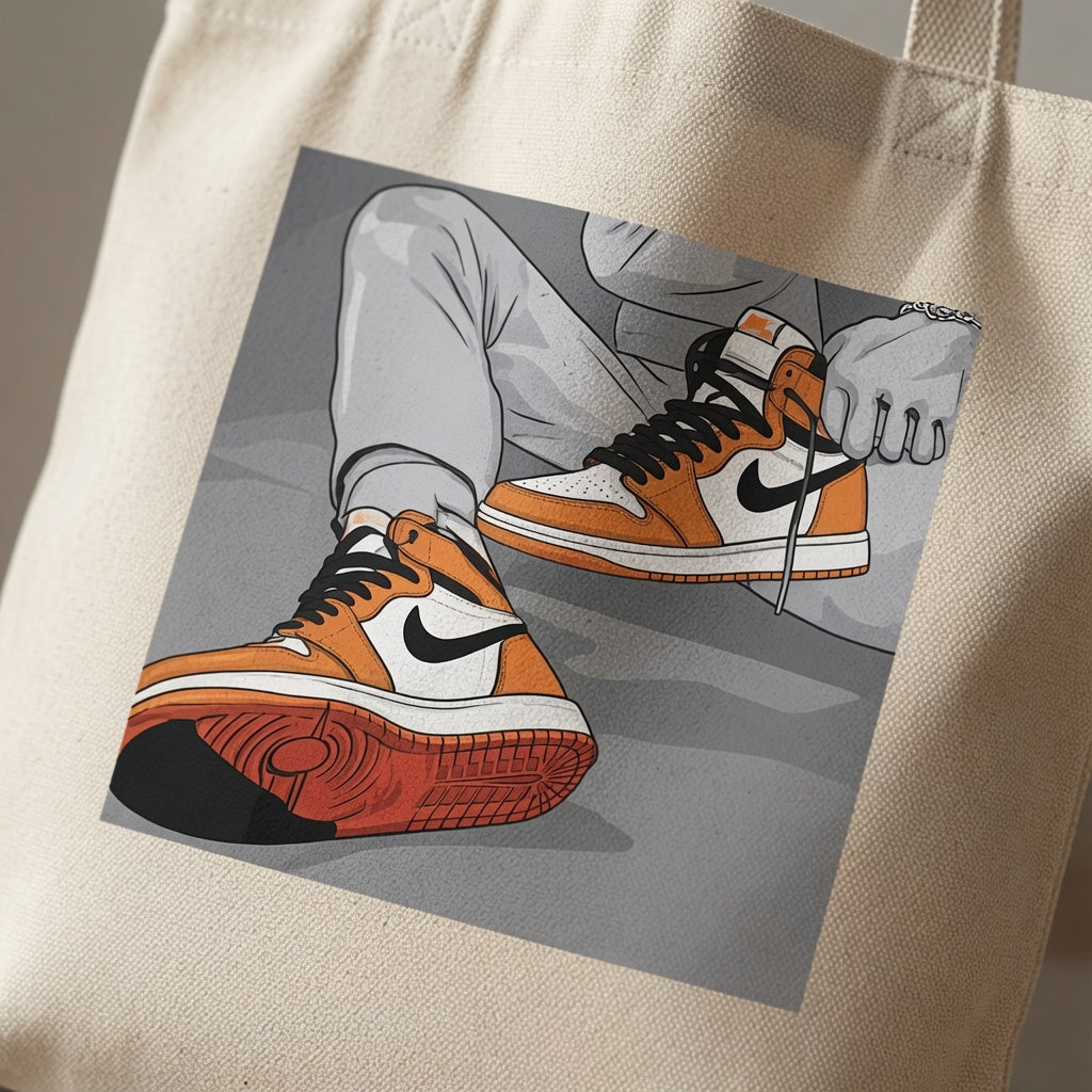Orange High-Top Sneaker Illustrated Graphic Canvas Tote Bag - Anime Style Streetwear Shoulder Bag