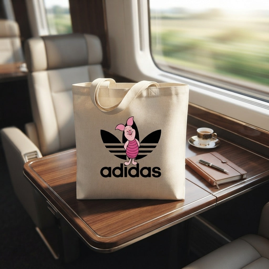 Cute Piglet Graphic Canvas Tote Bag - Sportswear Mashup Design
