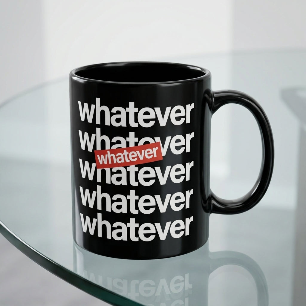 Whatever Typography Repeated Text Glossy Black Ceramic Coffee Mug - Sarcastic Humor Slogan Tea Cup for Office & Daily Use