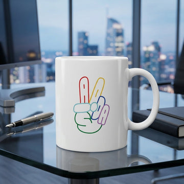 Minimalist Colorful Peace Sign Hand Graphic White Ceramic Mug - Trendy Aesthetic Line Art Desk Coffee Cup (11oz)