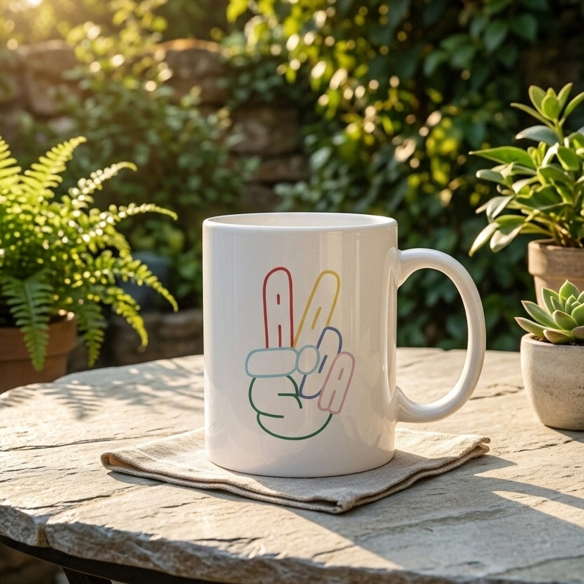 Minimalist Colorful Peace Sign Hand Graphic White Ceramic Mug - Trendy Aesthetic Line Art Desk Coffee Cup (11oz)