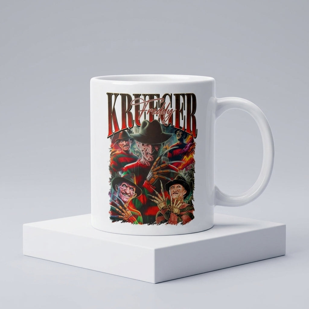 Freddy Krueger Vintage Horror Graphic Collage Premium White Ceramic Coffee Mug - Classic Horror Movie Fan Tea Cup (11oz)