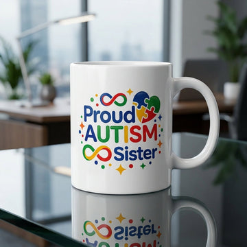 Proud Autism Sister Ceramic Coffee Mug – Colorful Neurodiversity Support Tea Cup & Meaningful Gift for Sister
