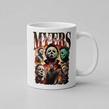 Michael Myers Vintage Bootleg Rap-Style Horror Collage White Ceramic Mug - Spooky Slasher Halloween Coffee Cup (11oz)