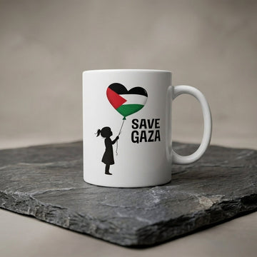 Save Gaza Girl with Palestine Heart Balloon White Ceramic Coffee Mug - Emotional Solidarity Graphic Drinkware Cup (11oz)