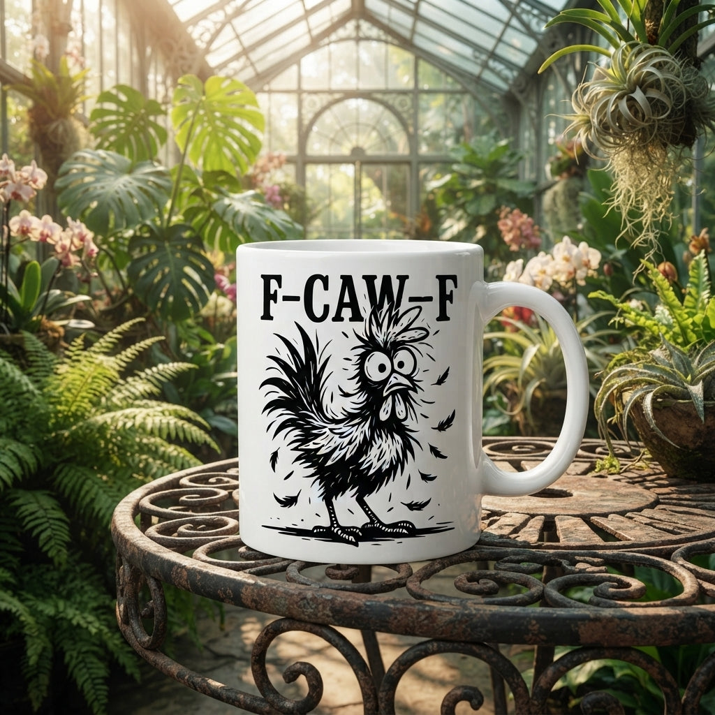 F-CAW-F Ruffled Chicken Mug – Black & White Sketch Style Rooster Ceramic Coffee Cup, Bold Line Art Gift