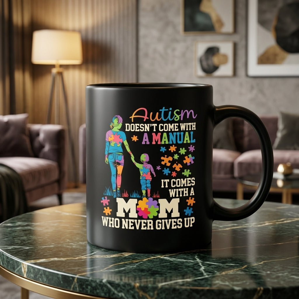 Autism Doesn't Come With A Manual It Comes With A Mom Ceramic Coffee Mug - Inspirational Autism Mom Puzzle Graphic Drinkware Cup (11oz)