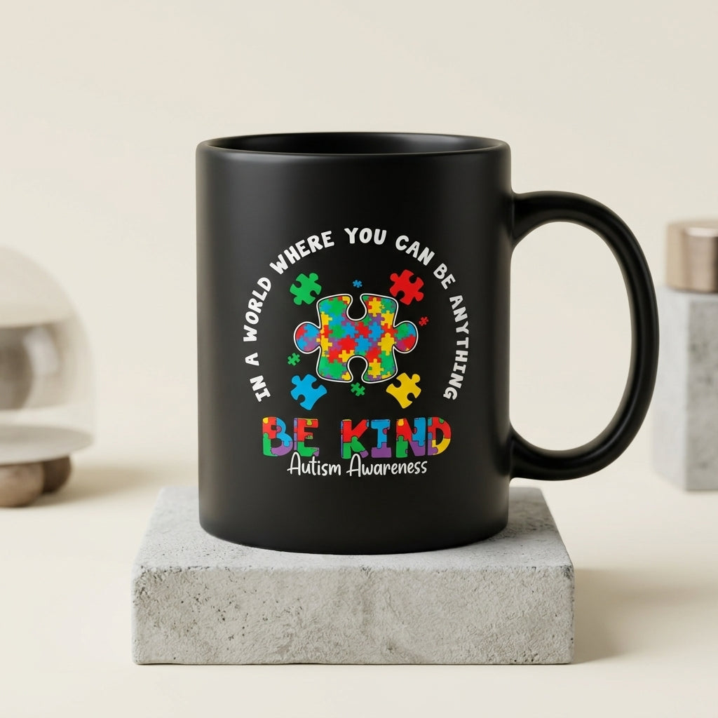 In A World Where You Can Be Anything Be Kind Autism Awareness Ceramic Mug - Inspirational Colorful Puzzle Graphic Coffee Cup (11oz)