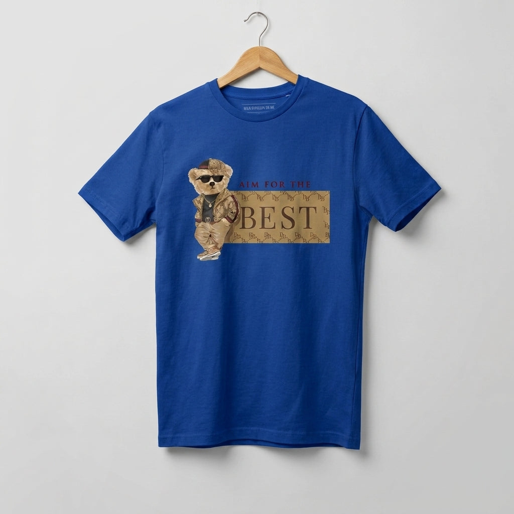 Aim For The Best Cool Teddy Bear Graphic T-Shirt - Black Blue & Black Unisex Premium Cotton Urban Streetwear Tee