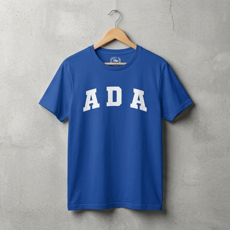 ADA College Varsity Typography Graphic T-Shirt - Premium Cotton Crew Neck Streetwear Tee in Black, Blue