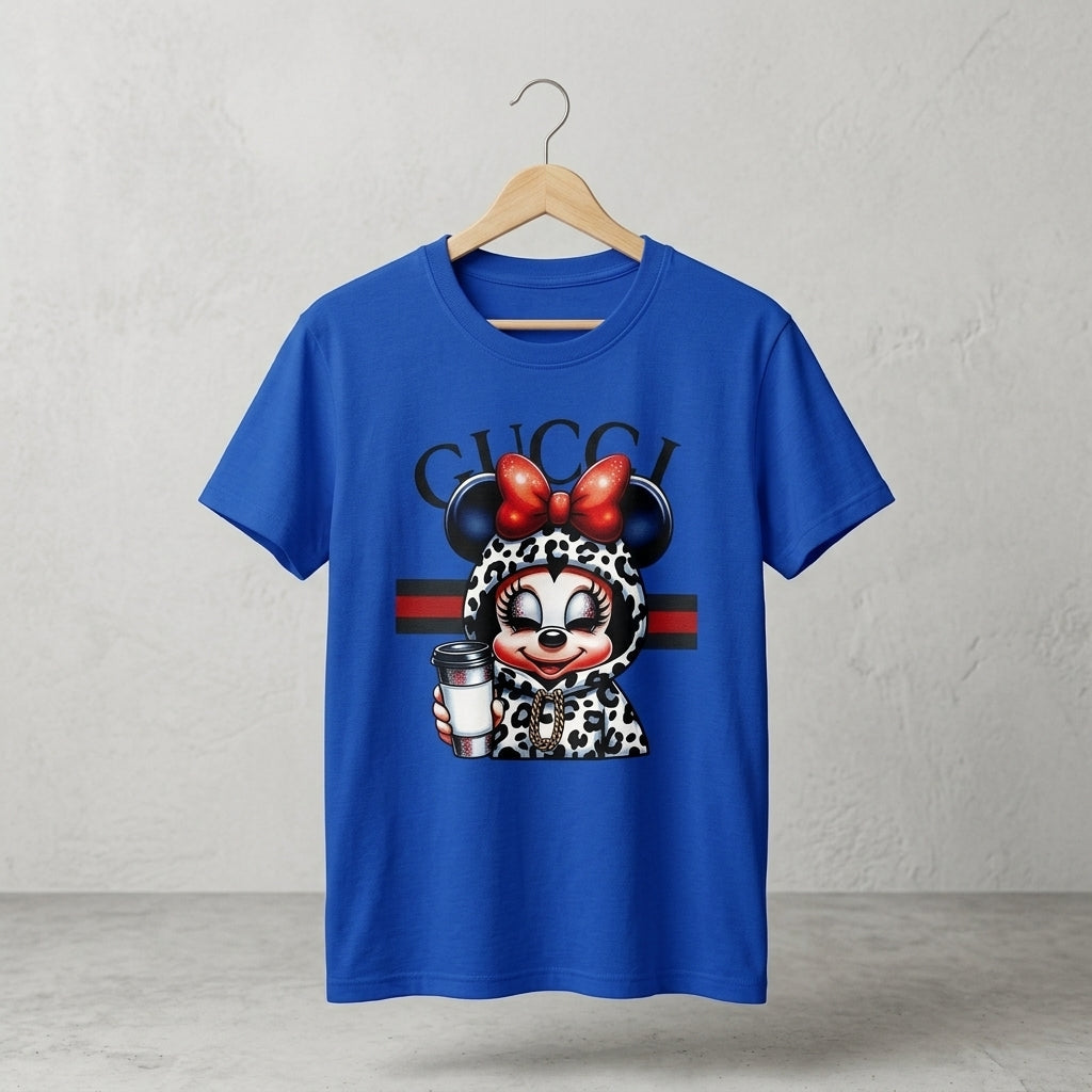 Minnie Mouse in Leopard Hoodie holding Coffee Cup Graphic T-Shirt - White & Blue Unisex Cotton Fashion Parody Streetwear Tee